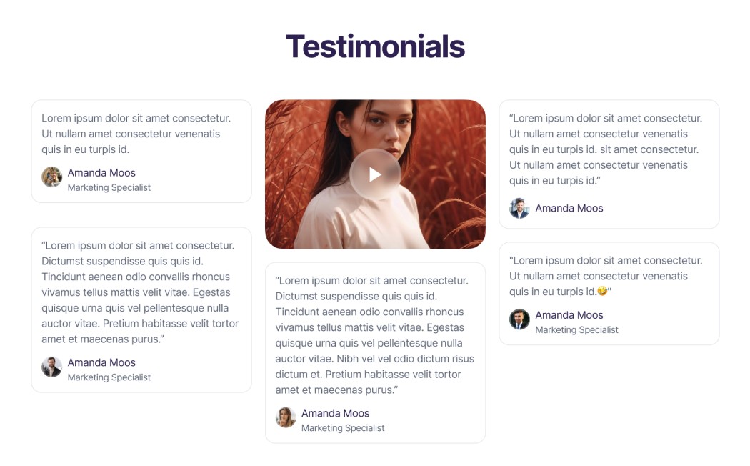 Testimonial list section with Video