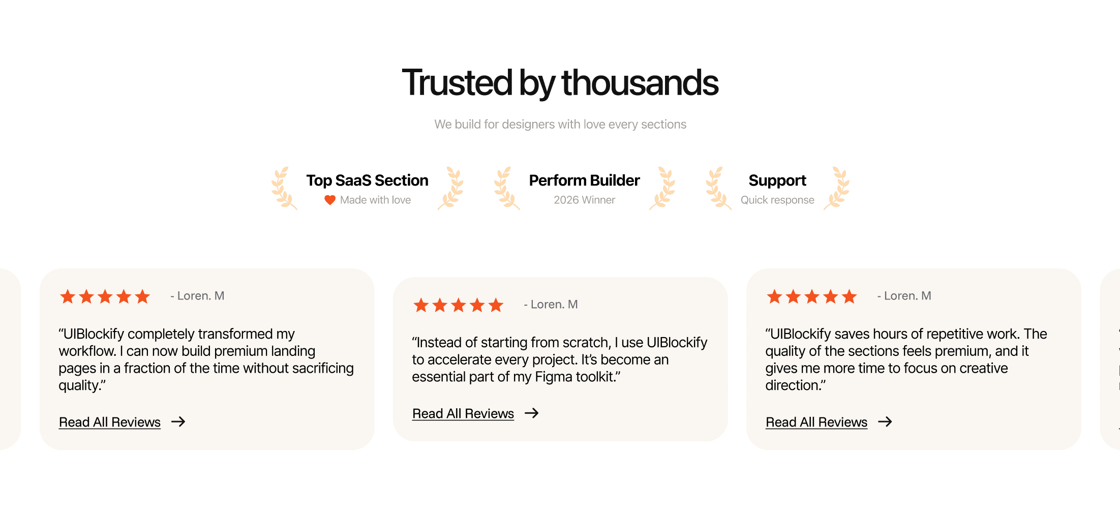 Testimonial section with awards